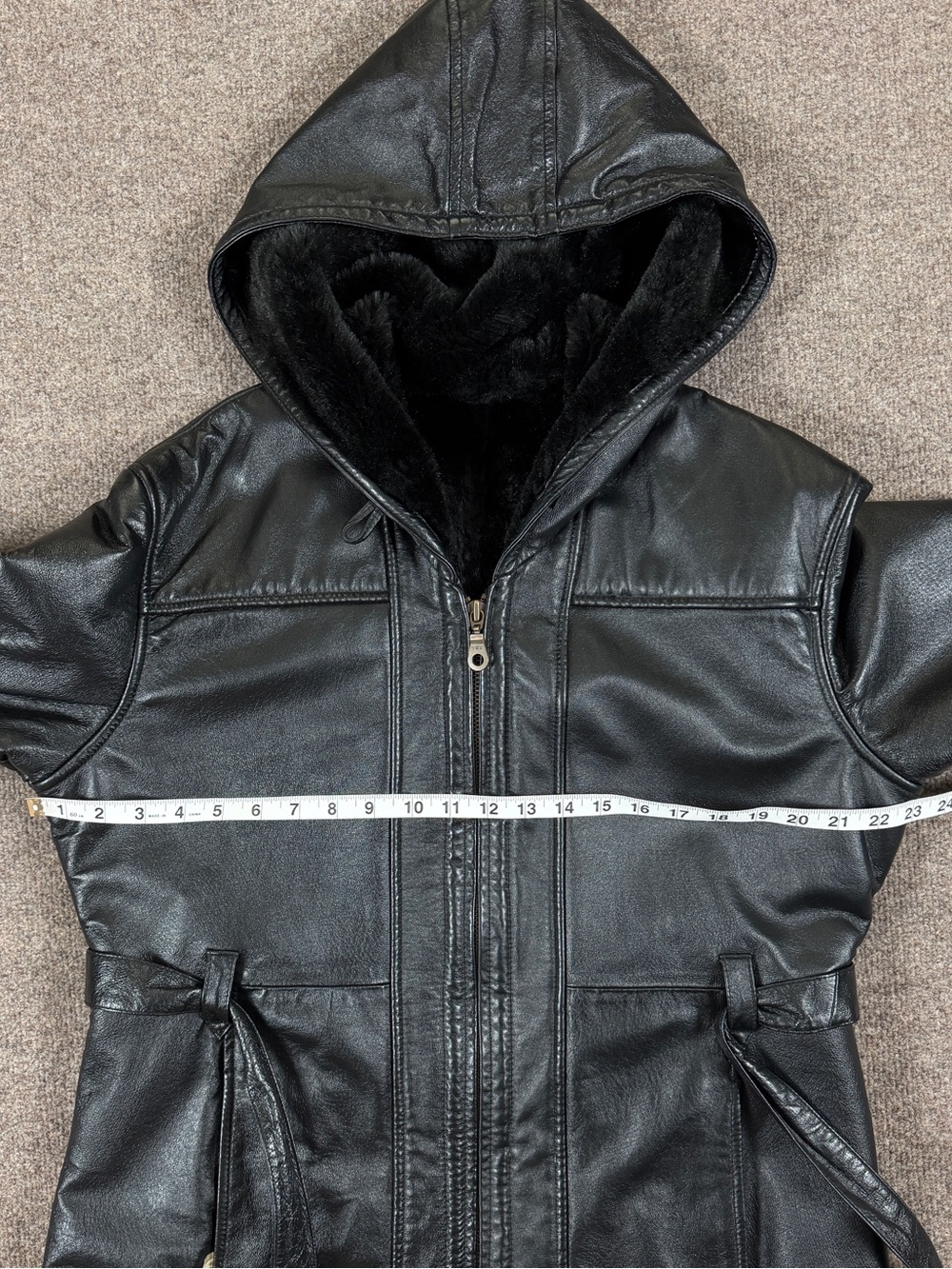 Vintage Wilsons Black Leather Hooded Belted Zip Jacket Women’s L Fur Lined 90s - Picture 7 of 8